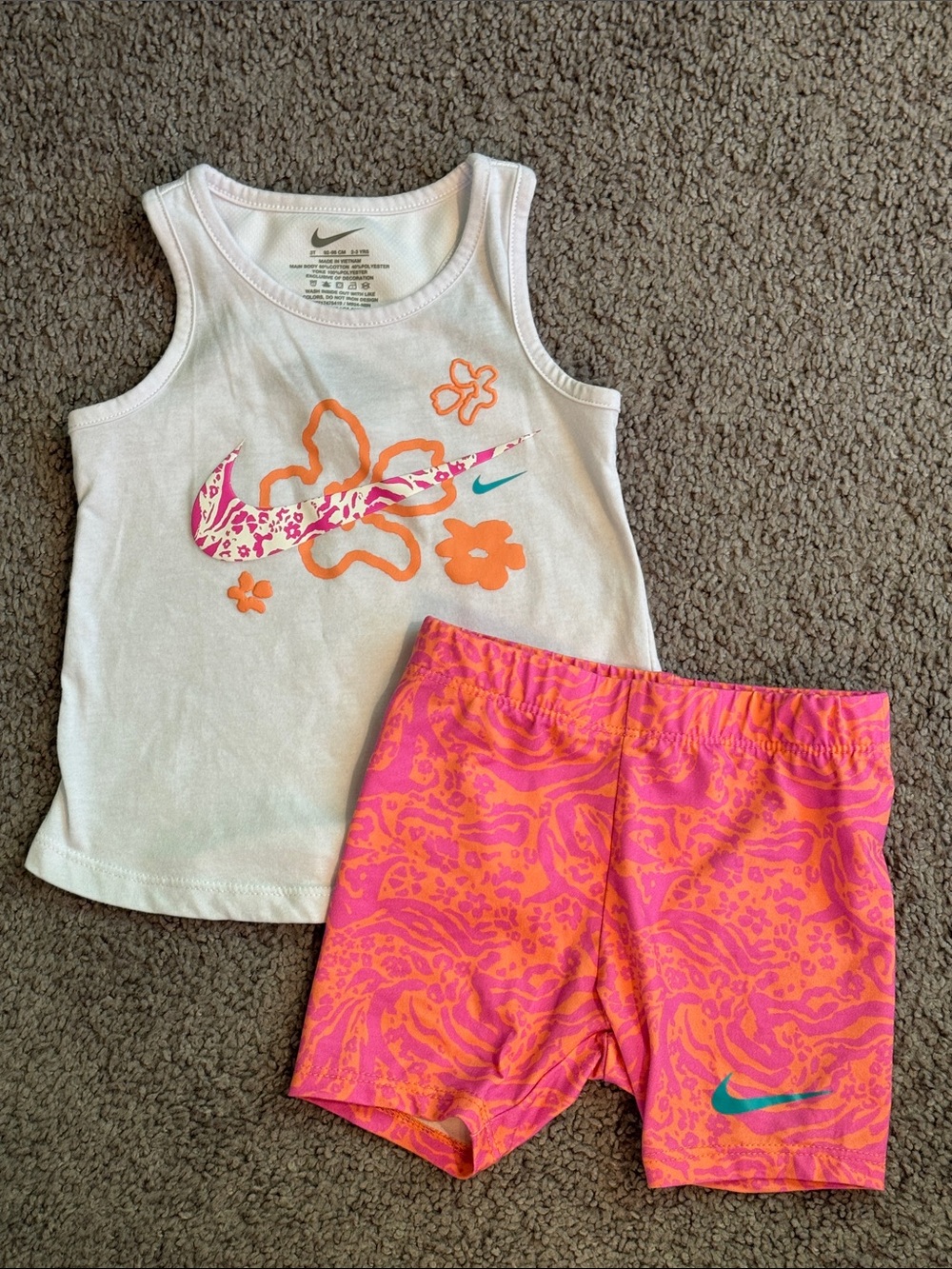 Nike White Tank Top with Pink & Orange Floral-Print Bike Shorts - 3T